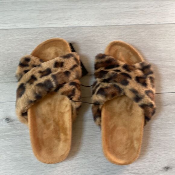 FITORY Womens Open Toe Slipper w/ Cozy Lining,Faux Rabbit Fur Cork Slide leopard - Picture 7 of 9